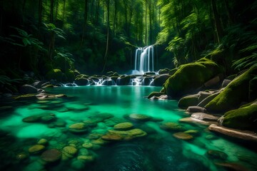 A serene waterfall flowing gracefully from the summit of emerald mountains, its pristine waters cutting through a dense, untouched forest below. Captured with stunning clarity and vivid colors.