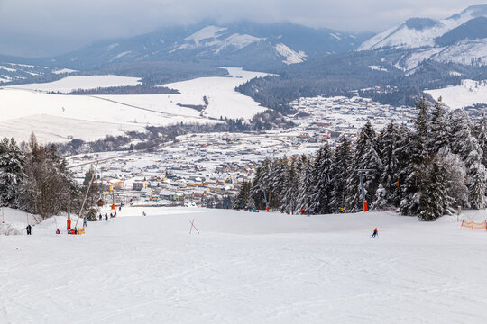 Skiing. Skiers on the Zuberec Ski Park. Winter entertainment in mountain