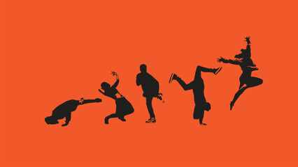 Fototapeta na wymiar vector silhouette of people dancing on an orange background, dance silhouette, kpok dance silhouette