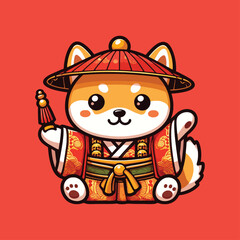  Cute Shiba Inu Dog Red Taoism with Staff cartoon mascot vector illustration