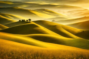Rolling hills covered in a patchwork of golden fields and lush greenery beneath a vast, open sky.
