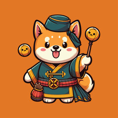 Cute Shiba Inu Green Taoism with Staff  with golden ingot holding japanese cartoon mascot vector illustration
