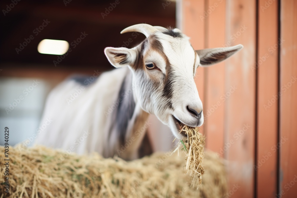 Wall mural goat chewing on hay in a barn