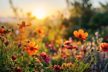 Natural view cosmos filed and sunset on garden background 