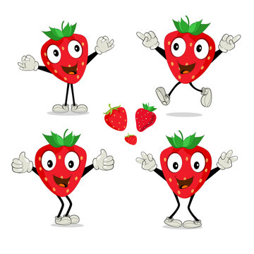 Strawberry Fruit Cartoon Mascot Character. Strawberry icon. Cute fruit vector character set isolated on white backround. 