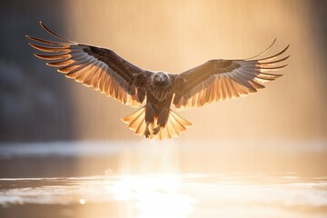 sunbeam lighting golden eagle on misty morning