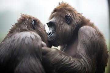 two gorillas grooming in hazy conditions