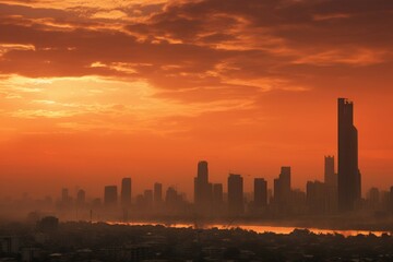 Fototapeta na wymiar Cityscape marred by morning smog, orange sky battling pollution.