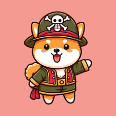 Obraz premium Cute Shiba Inu Dog The Pirates and wearing pirate hat cartoon mascot vector illustration