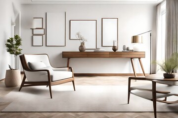 An elegant white-walled living room featuring an empty frame hanging over a sleek wooden console table and modern armchair.