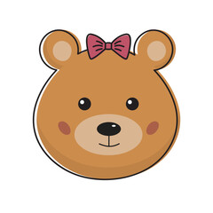Cute teddy bear girl with bow in kawaii style. Funny bear icon in childish, cartoon style.