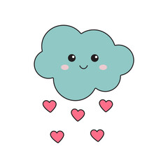 Cute smiling cloud with love rain from hearts. Lovely valentine day romantic concept in kawaii cartoon style.