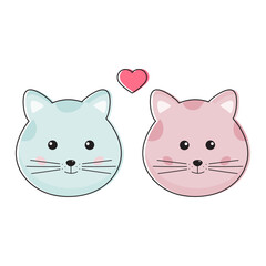 Cute couple of cats, blue and pink cats boy and girl in funny childish kawaii style. Romantic cats in love together. Perfect for Valentines day card, print.