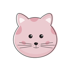 Cute pink cat face in kawaii style. Cartoon little pussycat, kitty.