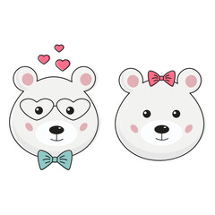 Two cute fall in love pollar teddy bears. Funny cartoon kawaii romantic couple of white bears. Perfect for Valentines Day card, tag, poster.