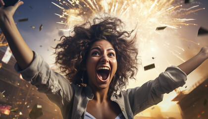 Victory Female gamer celebrating winning a mobile phone