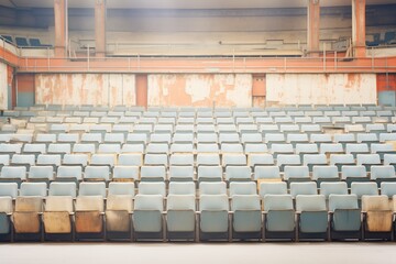 rows of empty seats in a neglected auditorium