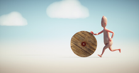 Conceptual man pushing a wooden wheel. Process and work in progress concept.