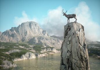 Deer on top of a rock looking at a big mountain.