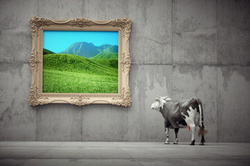 Cow on a concrete background looking at a painting. Dreaming and aspirations concept.