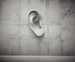 Cement sculpture in the shape of a human ear on a concrete wall.