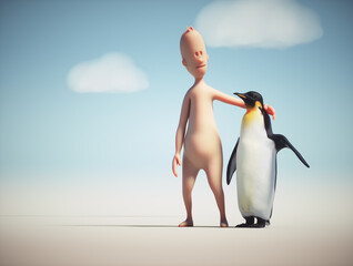 3d human  character with a penguin.