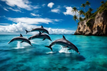 A group of dolphins leaping joyfully in the crystal-clear waters surrounding the island, framed by...
