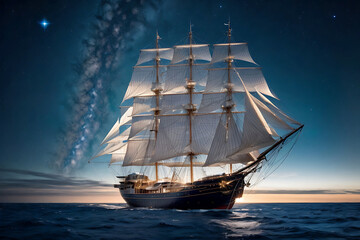 A sailing boat under the dark blue sky decorated in the dark of night. ai generated