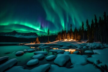 A rare celestial event illuminating the night sky over the nature island, with the aurora borealis dancing in vibrant colors.