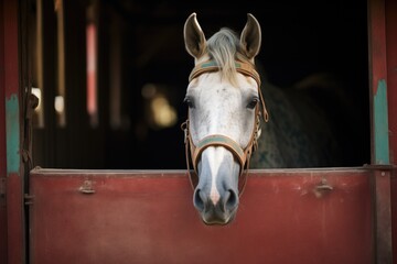 Fototapeta premium dappled grey horse watching from a hatch