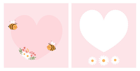 Valentine's day cards with heart shape, daisy flower and bee couple on pink background s vector illustration.