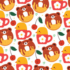 seamless pattern cartoon dessert character design. cute food wallpaper for textile, gift wrap paper