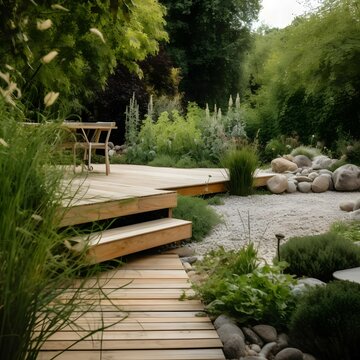 A picture of a garden with a natural wood deck and plenty of plants and flowers. The garden has a modern and minimalistic style with clean lines and simple decor, but also has plenty of natural ele