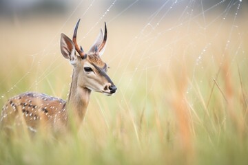 dew-covered spider web on grass near resting impala - obrazy, fototapety, plakaty