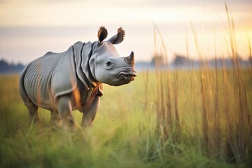 indian rhinoceros standing in grassland at sunset - Powered by Adobe
