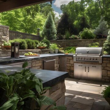 A picture of an outdoor kitchen with a built-in grill made of natural stone and plenty of countertop space for preparing food. The outdoor kitchen is surrounded by a beautiful garden and has plenty