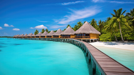 beautiful view of a tropical island with traditional wooden resort buildings, blue sky, expanse of sea, clear water and coconut trees