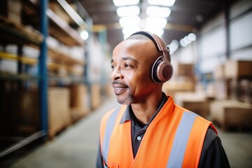 warehouse worker with headset coordinating inventory tasks - obrazy, fototapety, plakaty