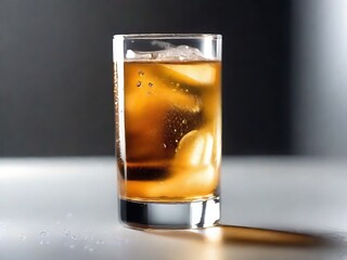 Glass of liquor and ice cubes on clean tabletop. Close-up view.