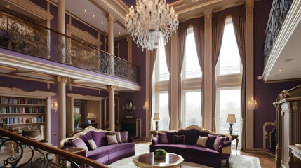An image of a double-height living room with a classic and regal style. The room features a grand chandelier and a marble staircase leading to the second level, which has a seating area and a built - obrazy, fototapety, plakaty
