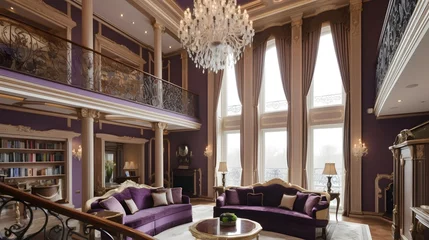Foto op Canvas An image of a double-height living room with a classic and regal style. The room features a grand chandelier and a marble staircase leading to the second level, which has a seating area and a built © george