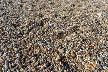 Background of colorful and rounded stones illuminated by the sun.