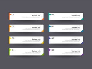Modern infographics business design with 8 option concepts, parts, steps or processes can be used for workflow layout, diagram, number options, web design. infographic element.