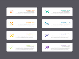 Modern infographics business design with 8 option concepts, parts, steps or processes can be used for workflow layout, diagram, number options, web design. infographic element.