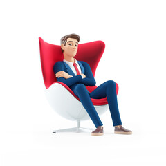 3d cartoon businessman sitting comfortably with arms crossed