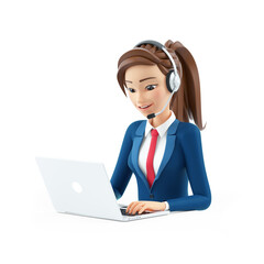 3d cartoon businesswoman with headset working on laptop