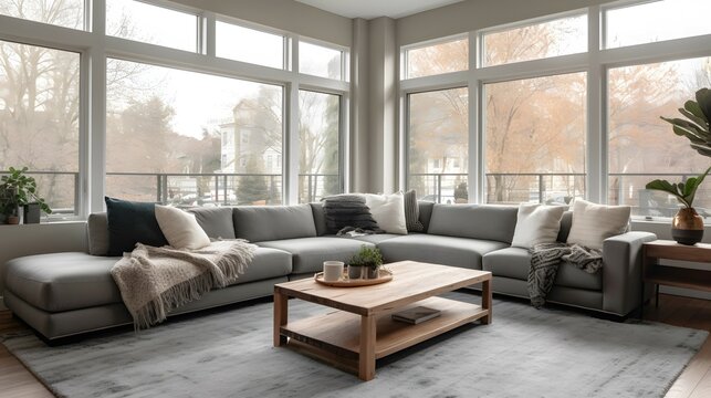 An image of a living room with a large, comfortable sectional couch and a natural wood coffee table. The room has floor-to-ceiling windows that let in plenty of natural light and showcase a beautifu