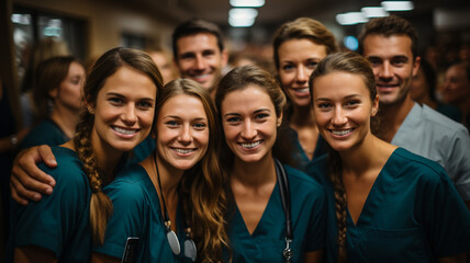 Fototapeta premium Portrait of a diverse group of doctors and medical workers in a hospital with a stethoscope