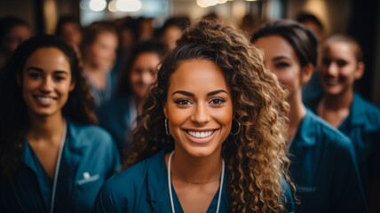 Fototapeta premium Portrait of a diverse group of doctors and medical workers in a hospital with a stethoscope