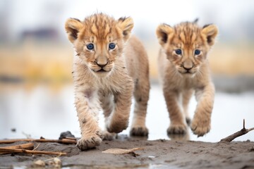 Obraz premium two lion cubs following their mother